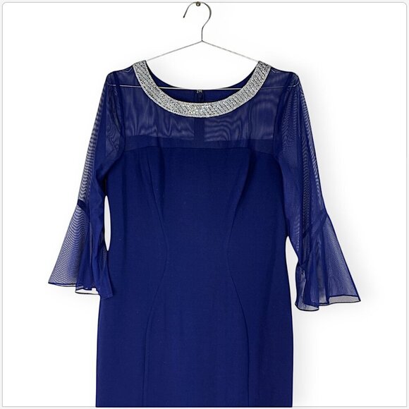 Alex Evenings Electric Blue Beaded Illusion Bell Sleeve Rhinestone Dress NWT 16 - Picture 3 of 5